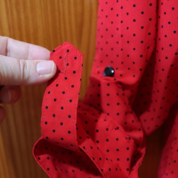 Notations Petite Red Black Polka Dot Mini Roll Tab Sleeve Button Down Blouse - Picture 5 of 15